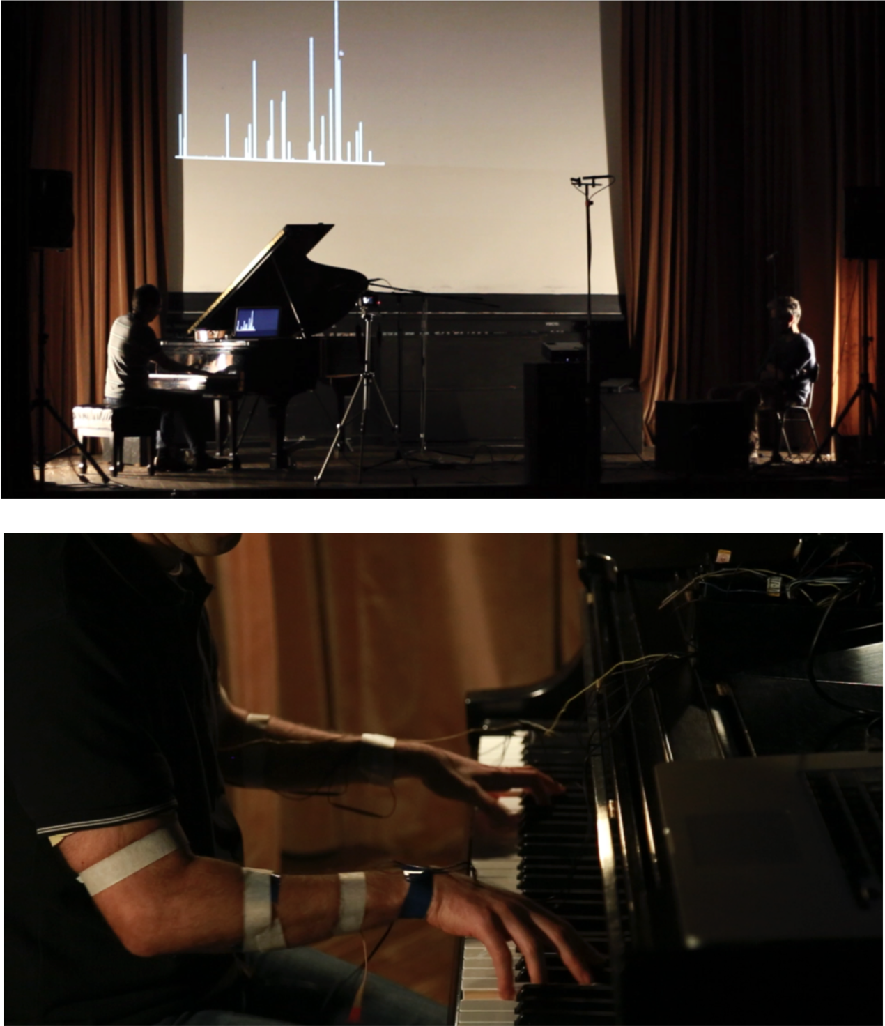 Documentation of the 5500 performance with piano, projection and electrical muscle stimulation equipment.