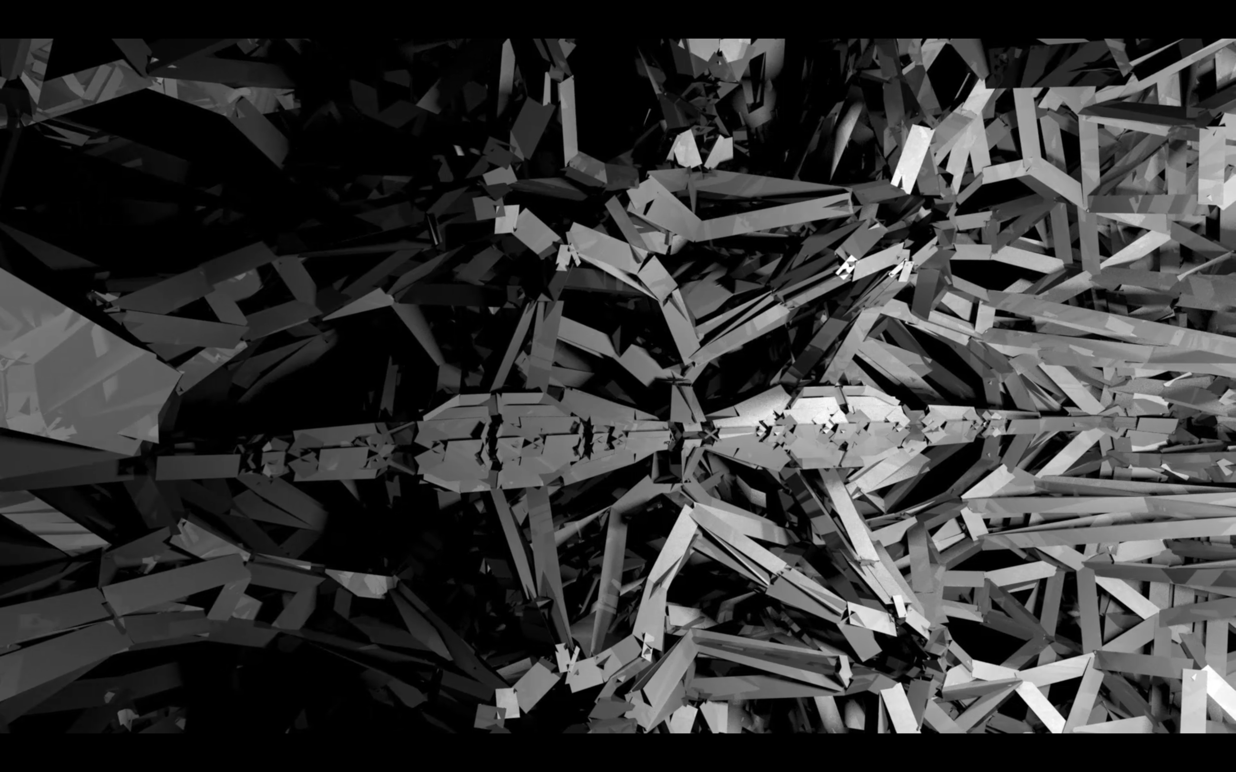 Fragmented grey angular forms suspended in a three-dimensional scene.