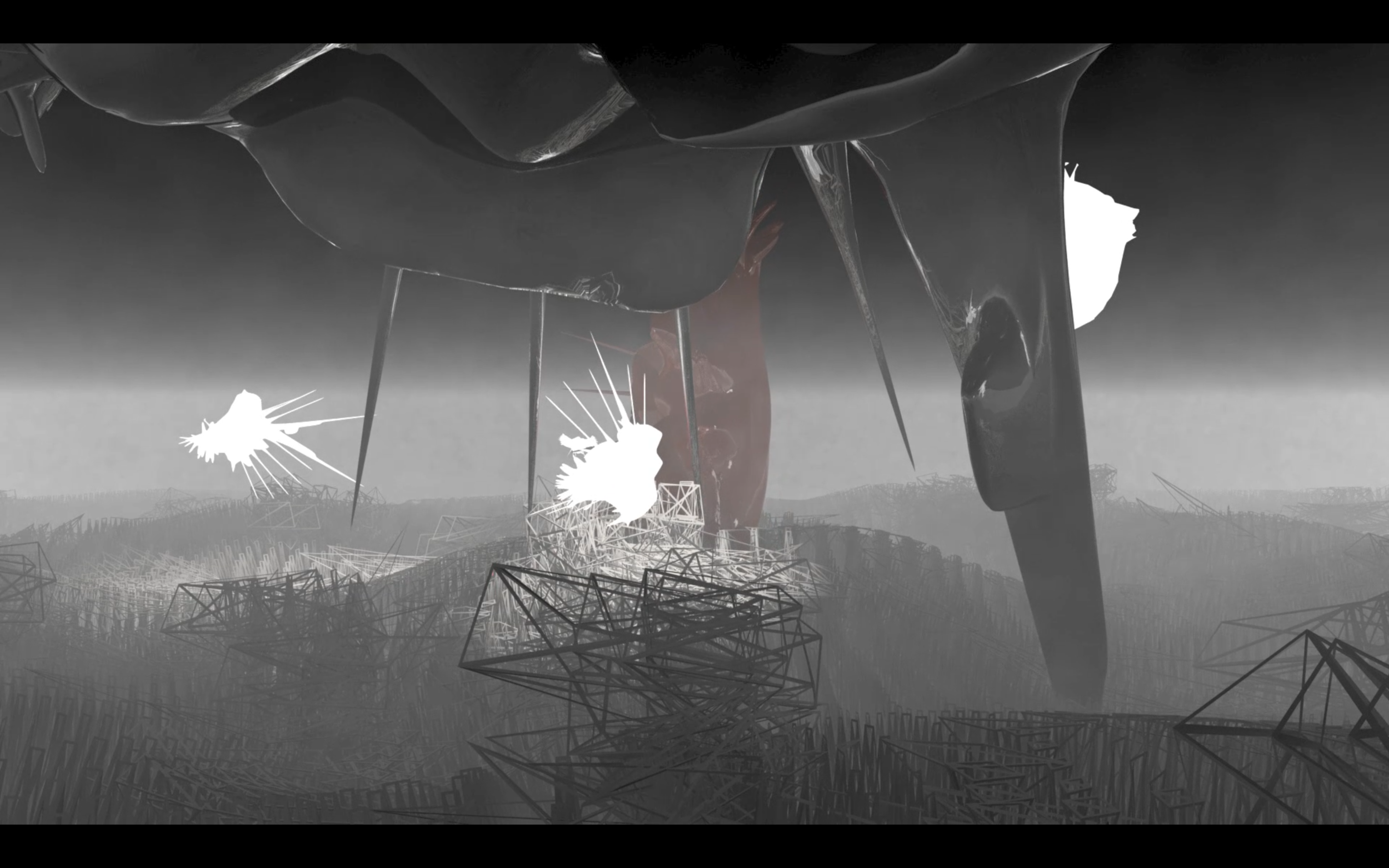 Grey virtual landscape with hanging abstract forms and bright white patches.