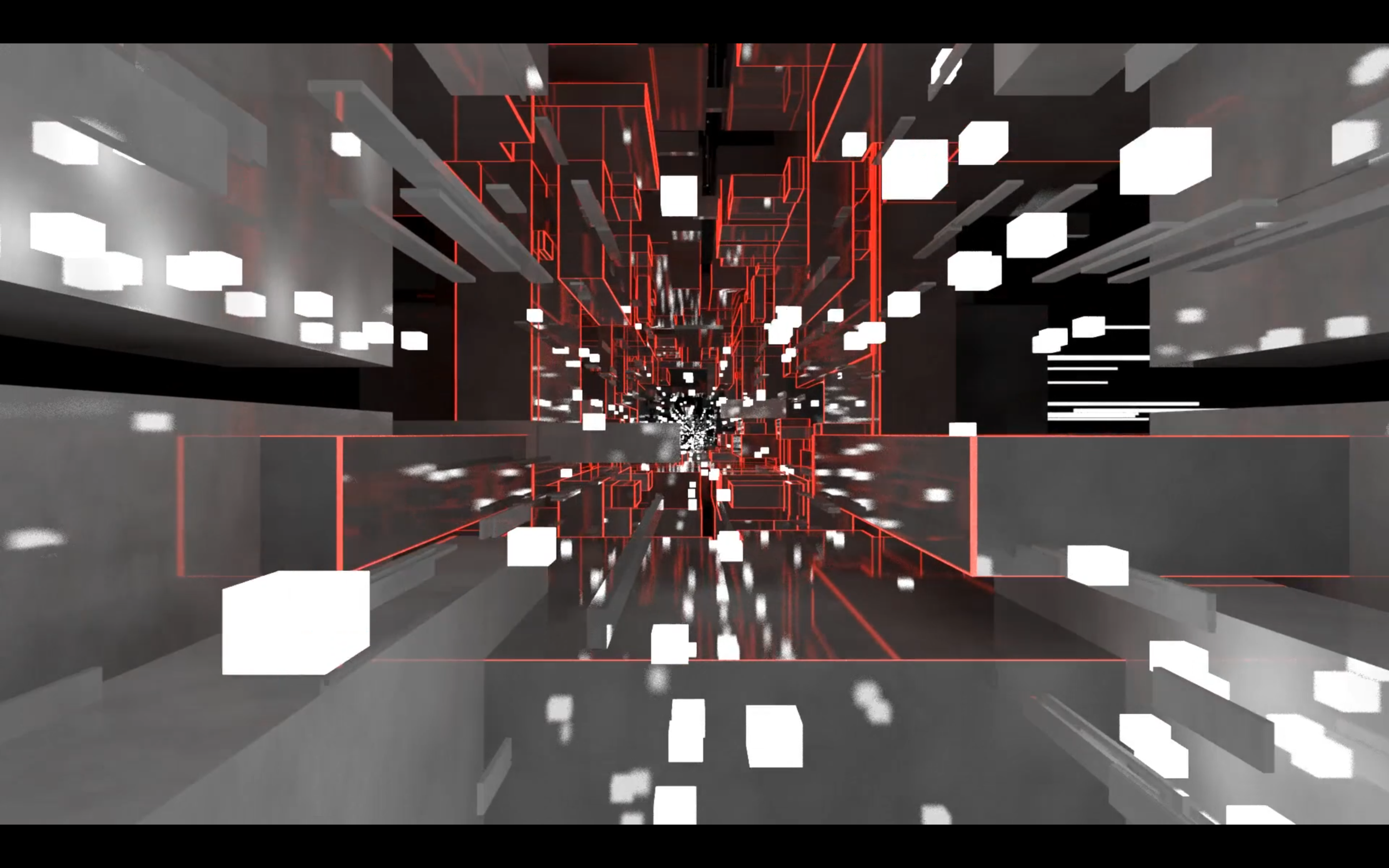 White cubes suspended within a red wireframe corridor.