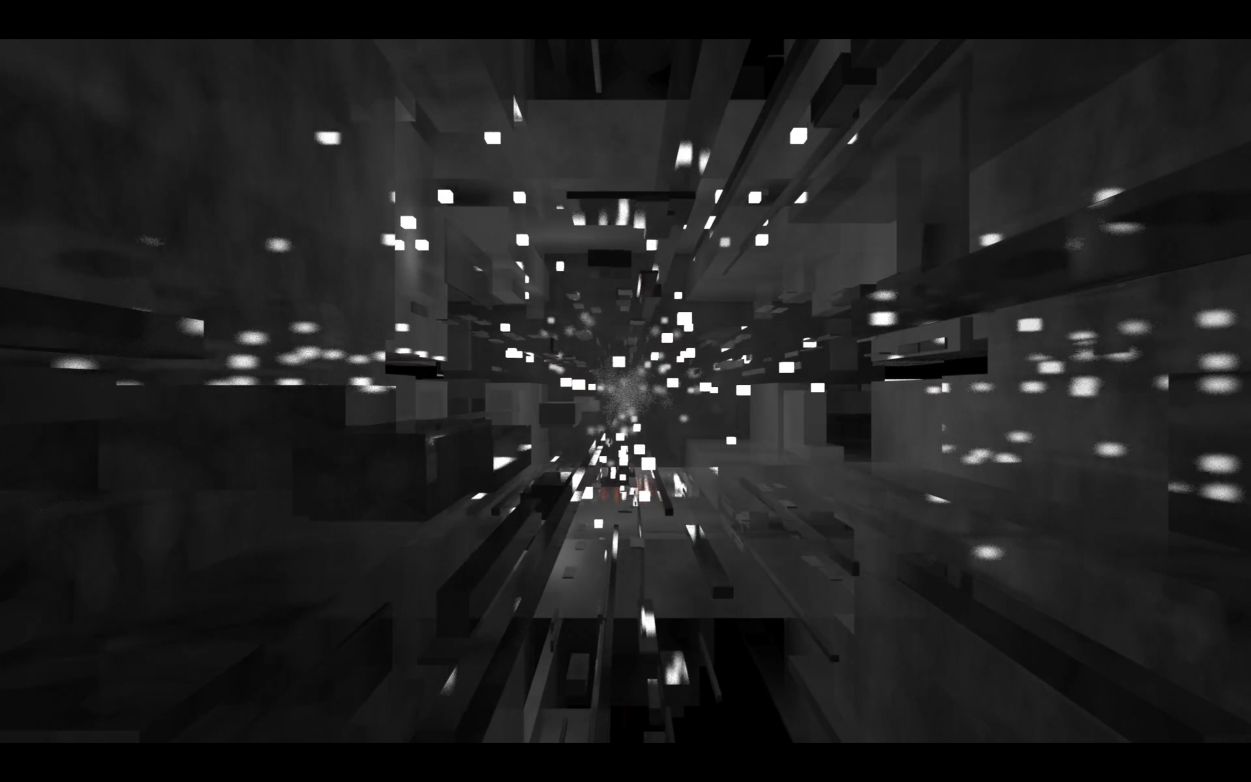 Floating white cubes inside a dark rectangular tunnel.