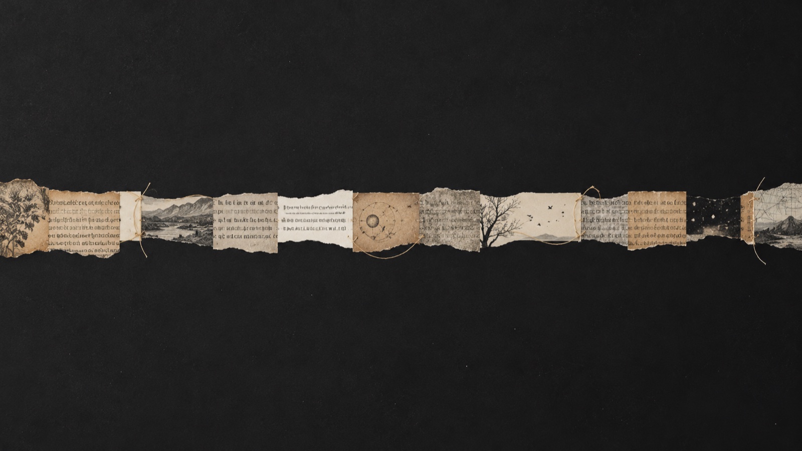 Strips of printed book pages joined into a continuous paper ribbon over a dark background.