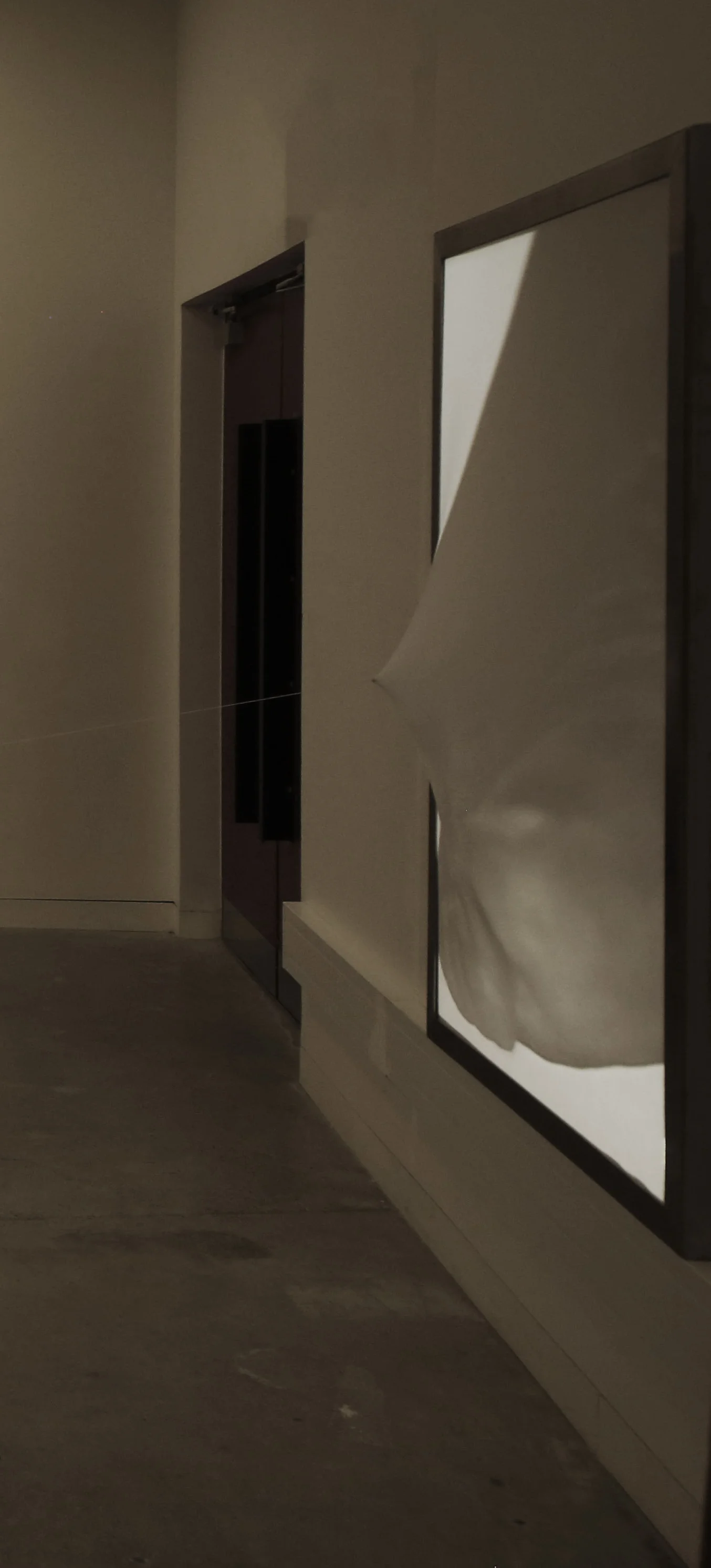 Ekphrasis: the framed elastic screen seen from an angle in the gallery.