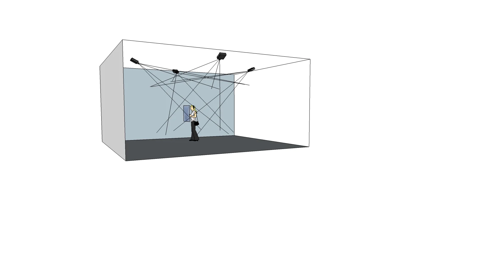 A perspective diagram of projection beams surrounding a handheld screen.