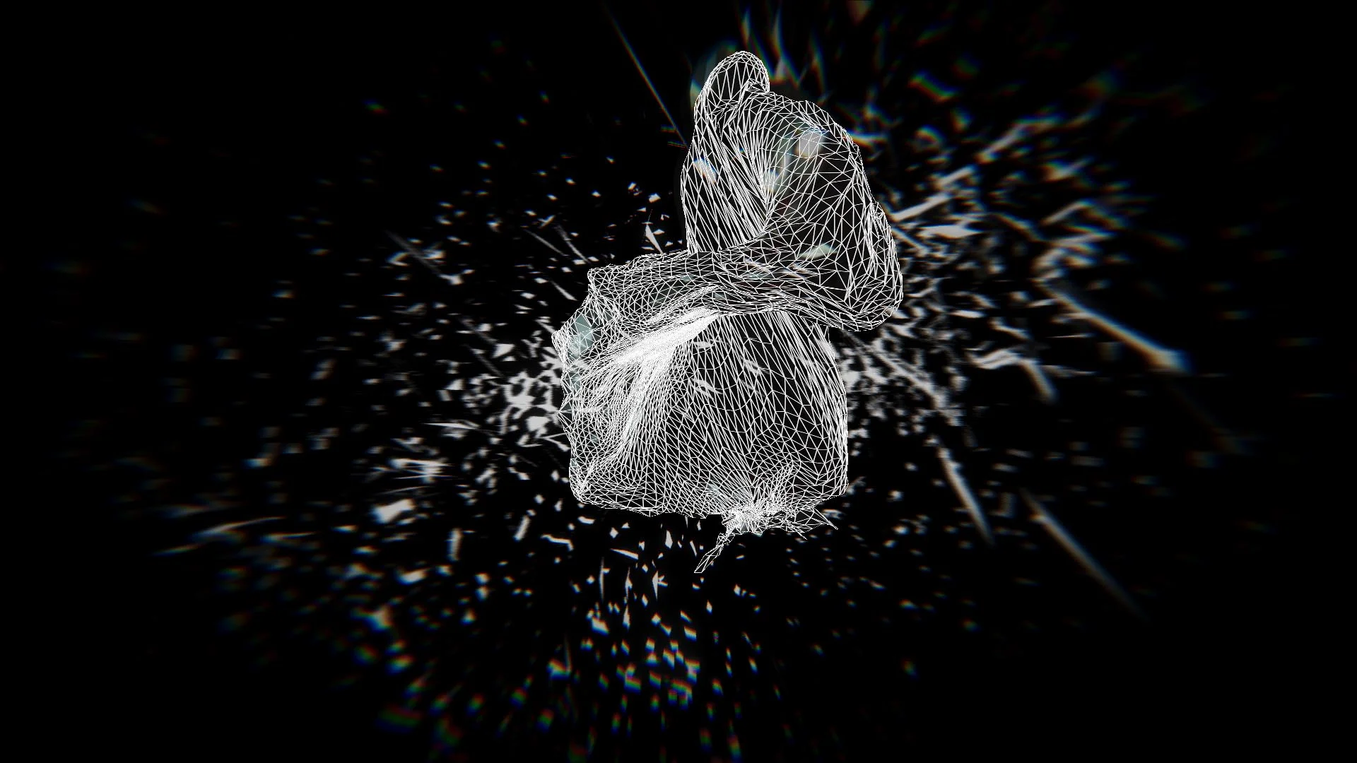 Improvisatio: a white wireframe form and particles against black.