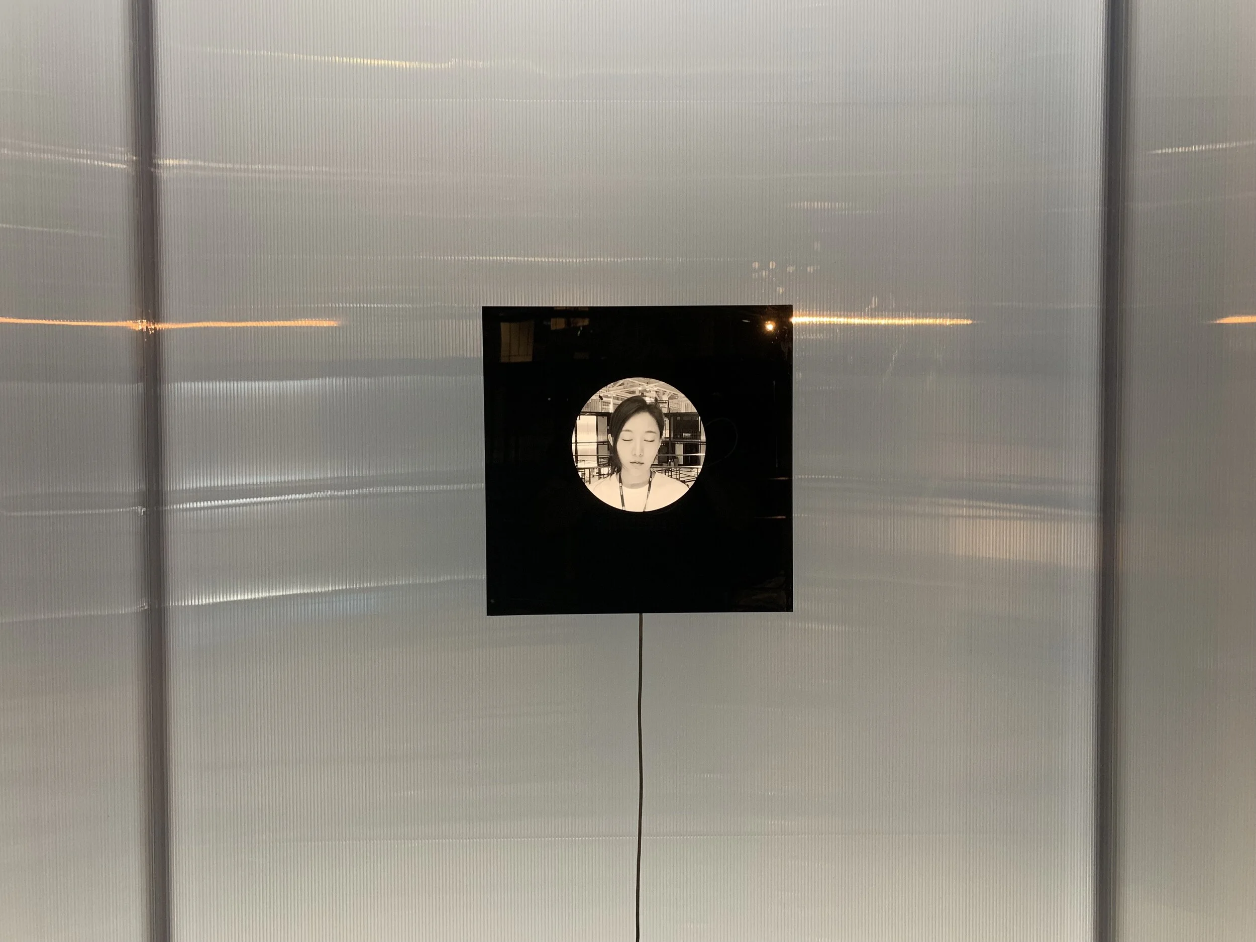 Memoirs of the Blind’s black square display shows a circular black-and-white portrait on a translucent wall.