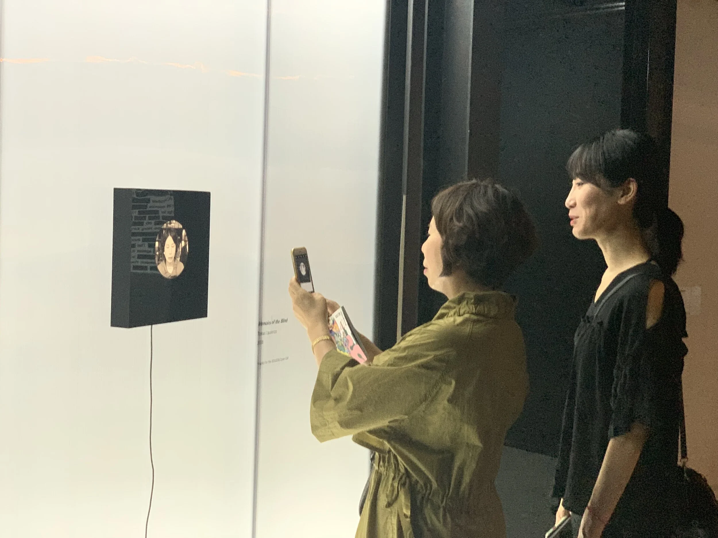Two visitors look at and photograph the display mounted on a translucent wall.