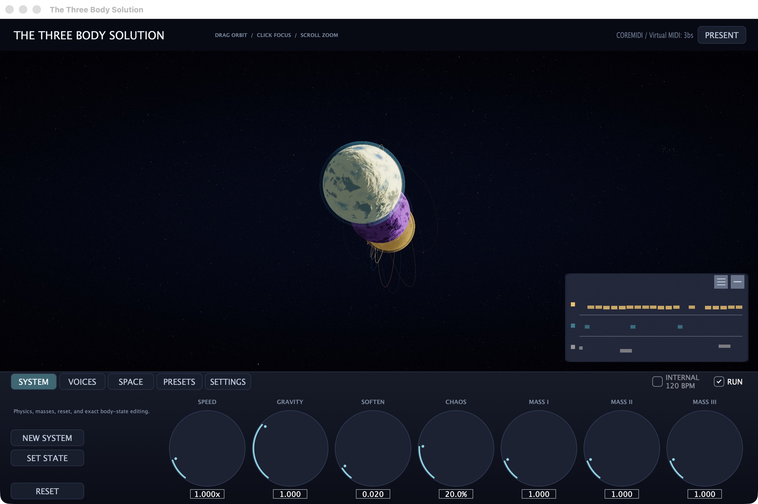The Three Body Solution application showing three simulated planets, note histories and simulation controls.