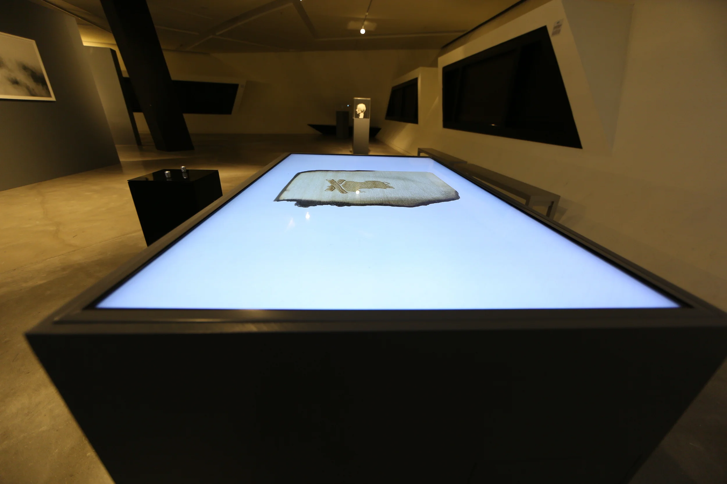 Installation view of Two Systems with its tabletop display and two control knobs.