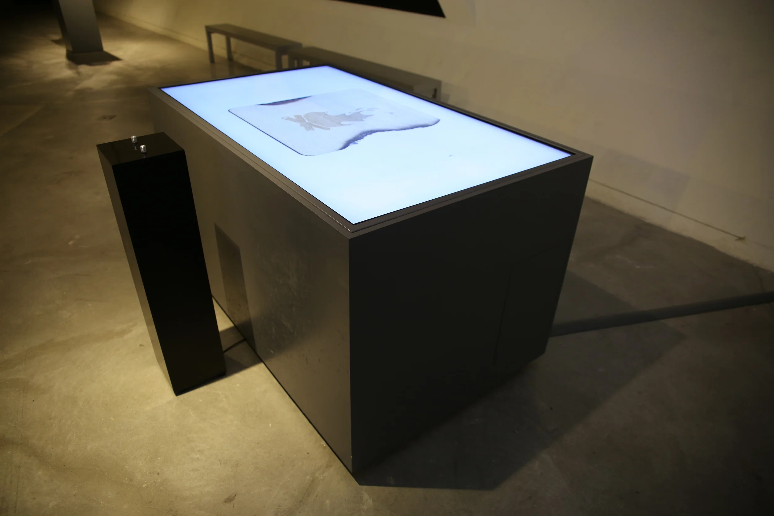 The parchment image on the illuminated table viewed from behind the pedestal.