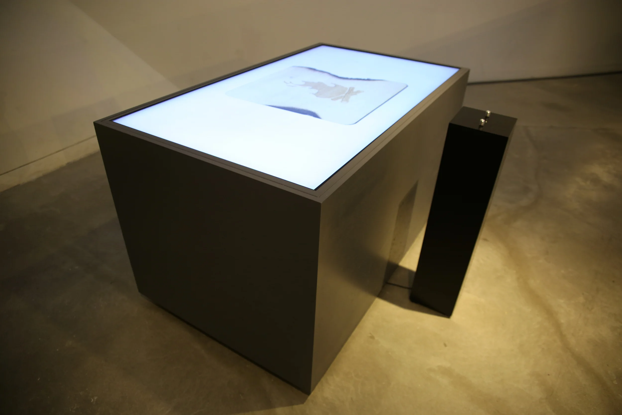 An angled overhead view of the tabletop illustration and black pedestal.