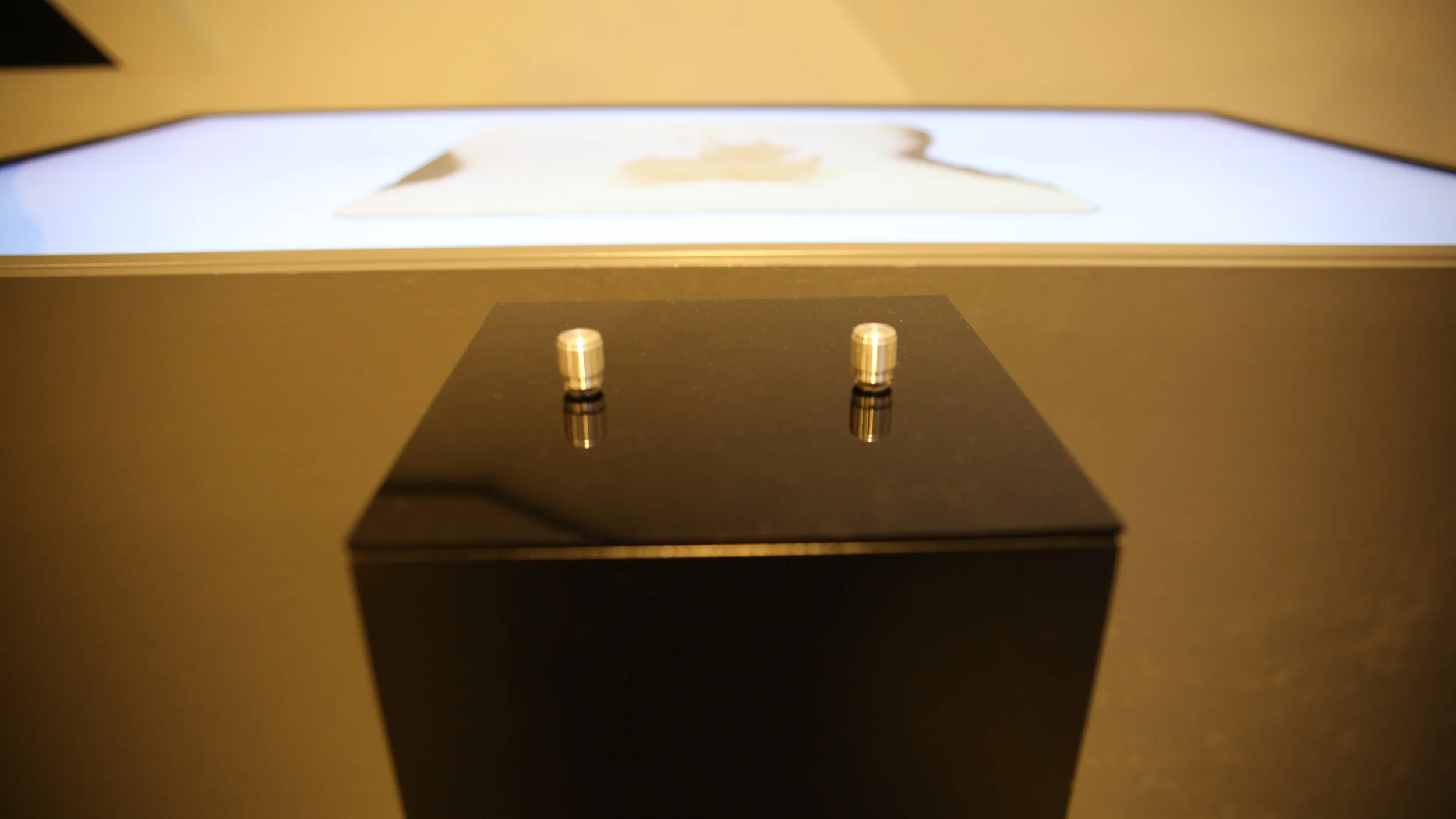 Close-up of the two metallic controls in front of the parchment image.