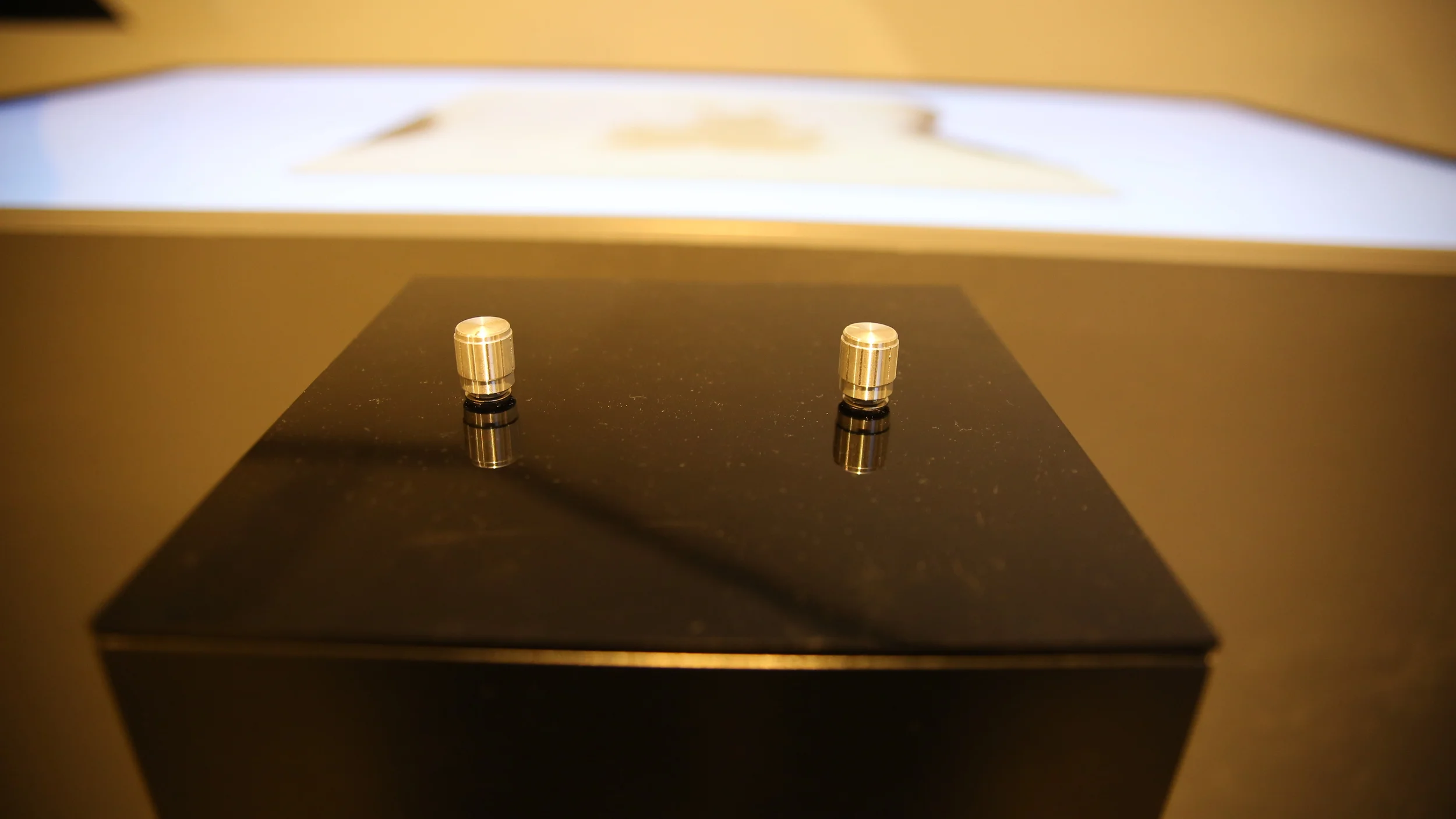 Close-up of the black pedestal and its pair of metallic controls.